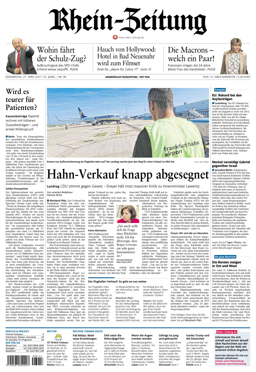 Rhein-Zeitung Kreis Ahrweiler vom Donnerstag, 27.04.2017