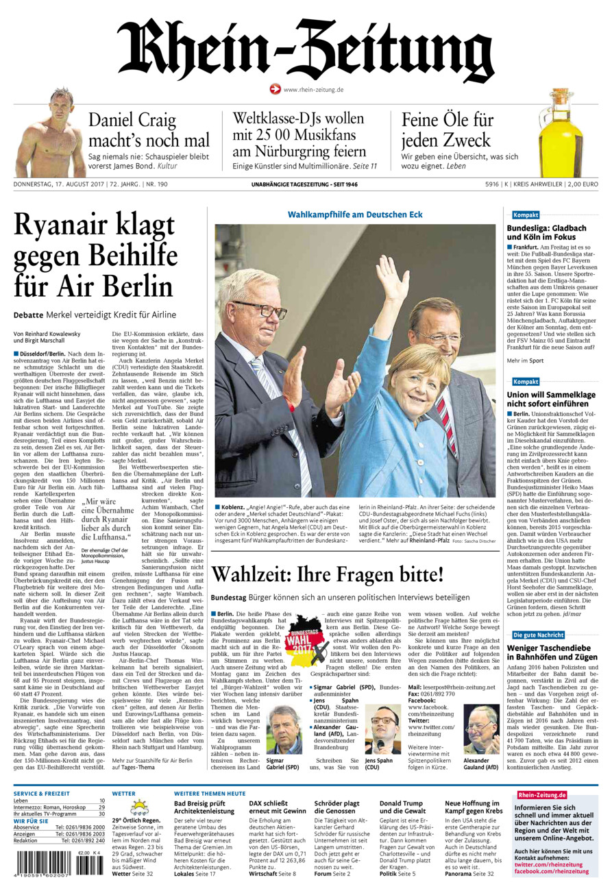 Rhein-Zeitung Kreis Ahrweiler vom Donnerstag, 17.08.2017