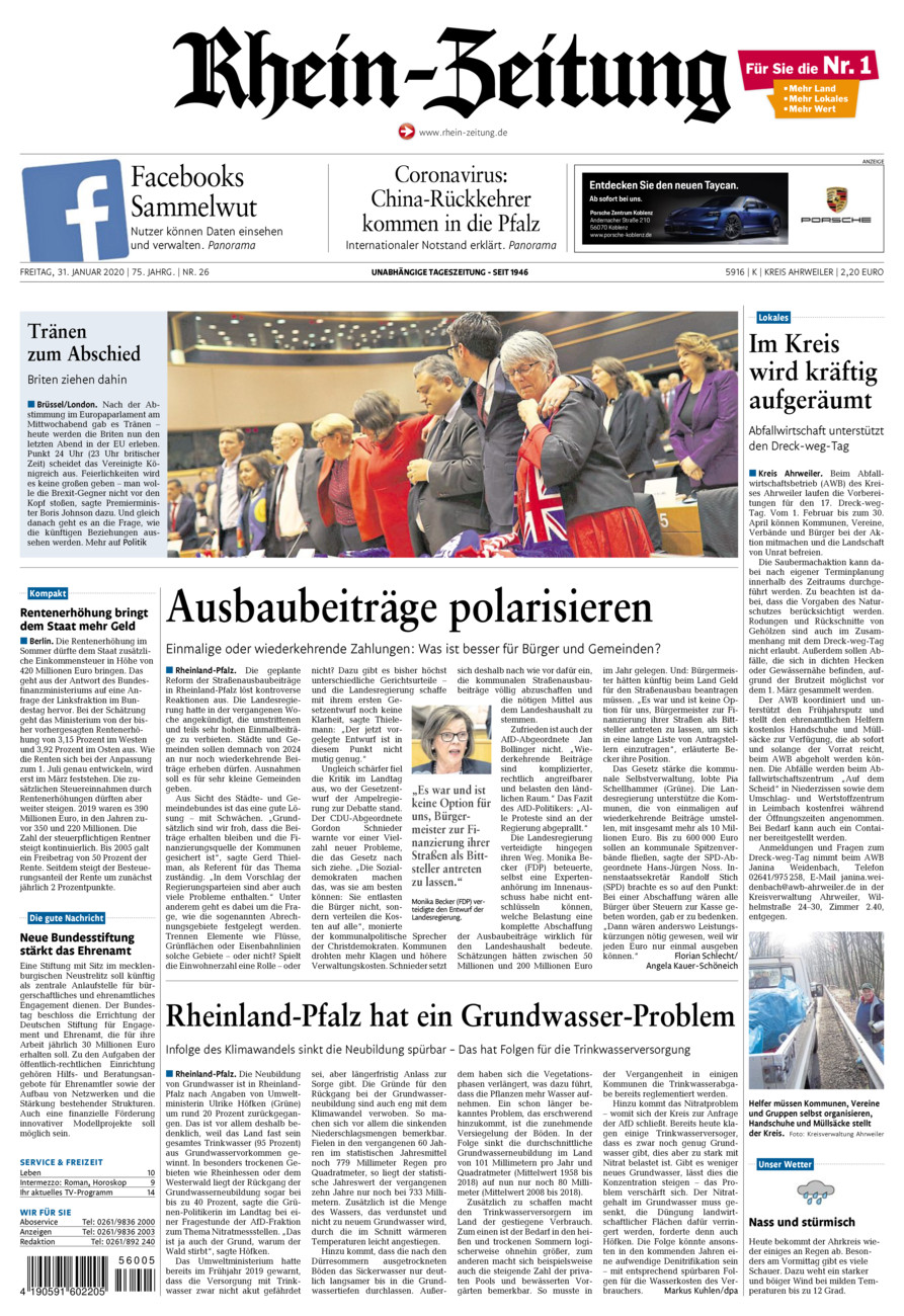 Rhein-Zeitung Kreis Ahrweiler vom Freitag, 31.01.2020