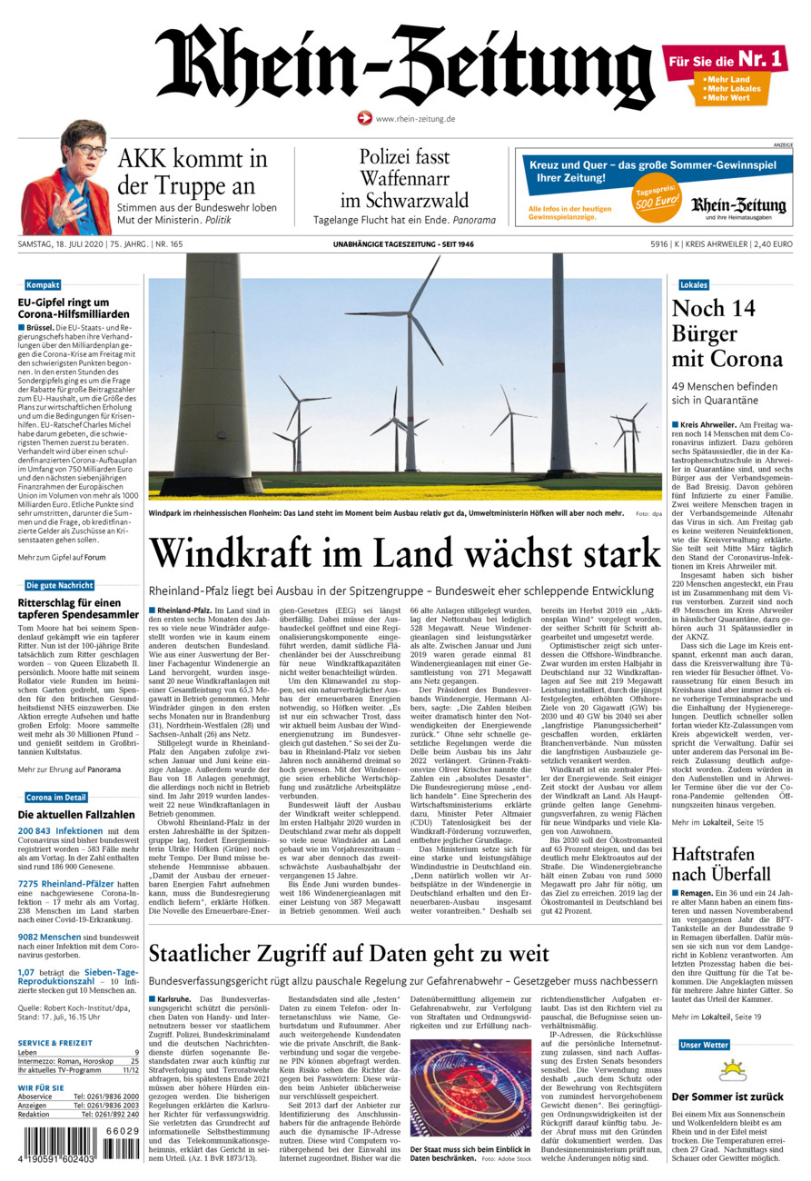 Rhein-Zeitung Kreis Ahrweiler vom Samstag, 18.07.2020