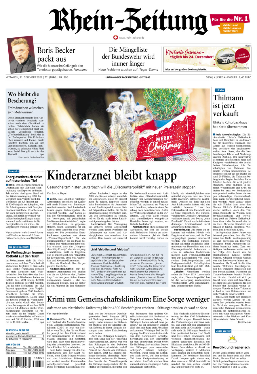 Rhein-Zeitung Kreis Ahrweiler vom Mittwoch, 21.12.2022