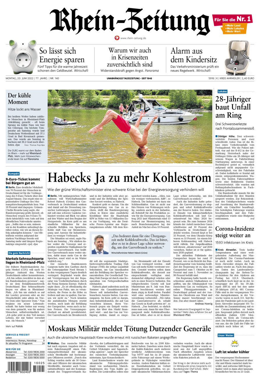 Rhein-Zeitung Kreis Ahrweiler vom Montag, 20.06.2022