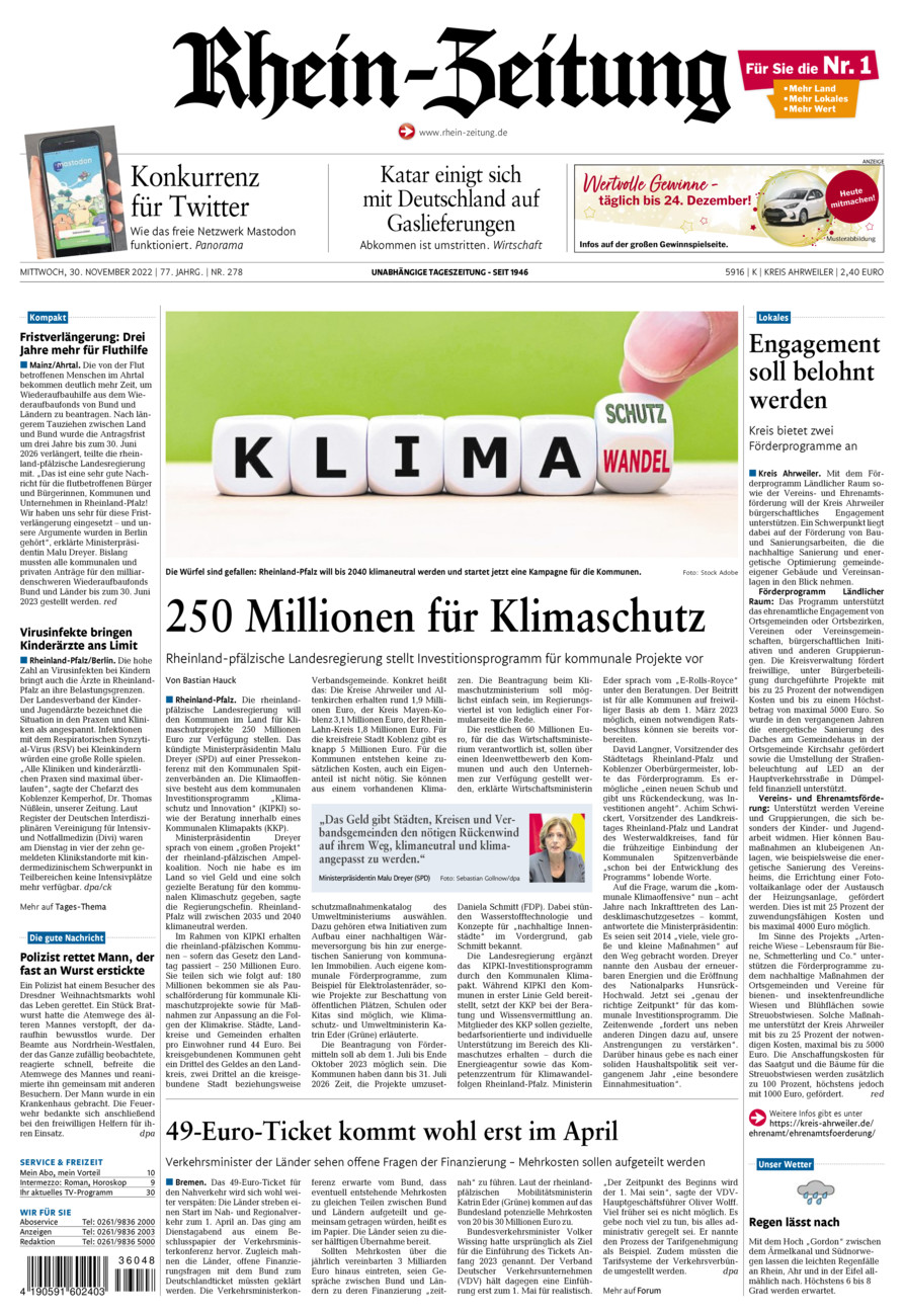 Rhein-Zeitung Kreis Ahrweiler vom Mittwoch, 30.11.2022