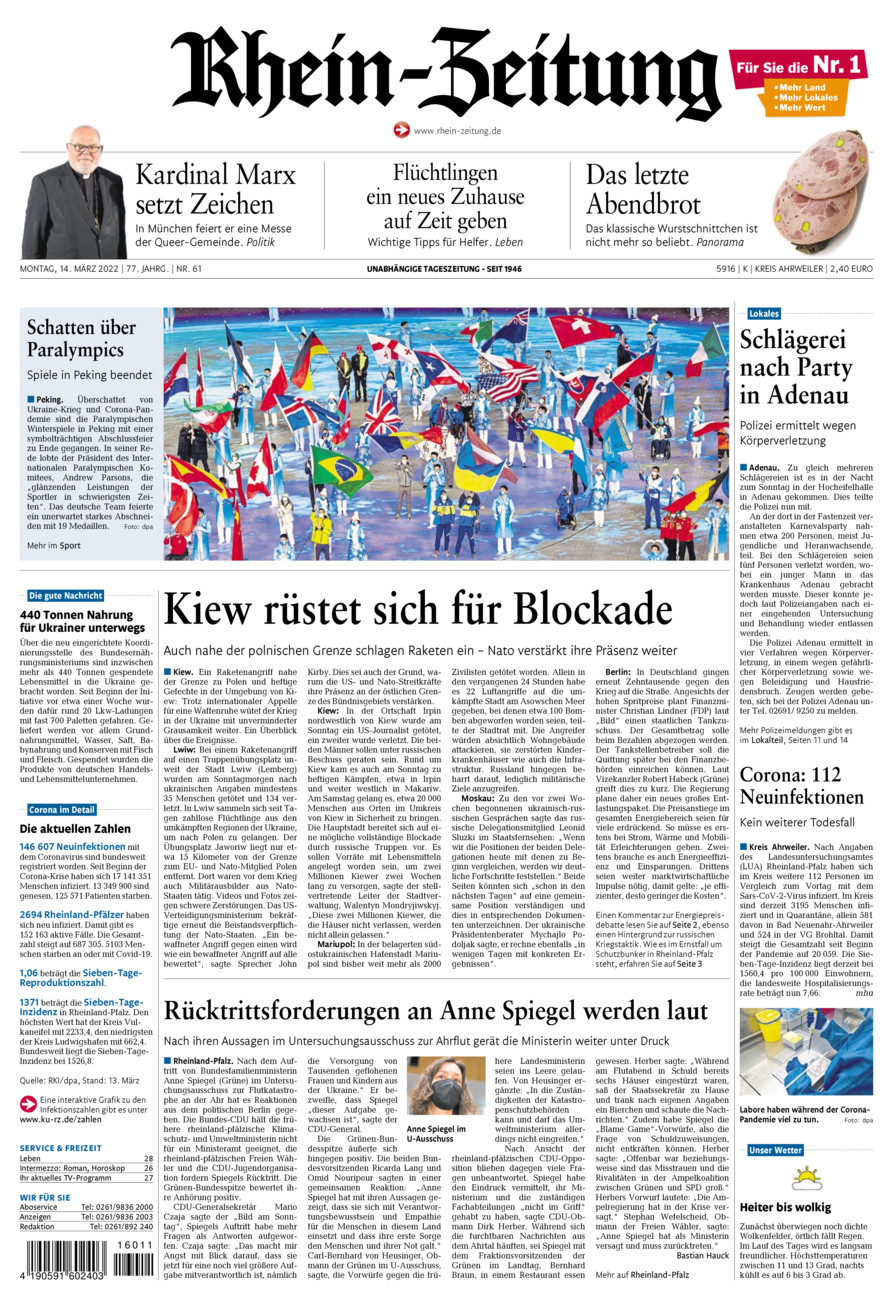Rhein-Zeitung Kreis Ahrweiler vom Montag, 14.03.2022