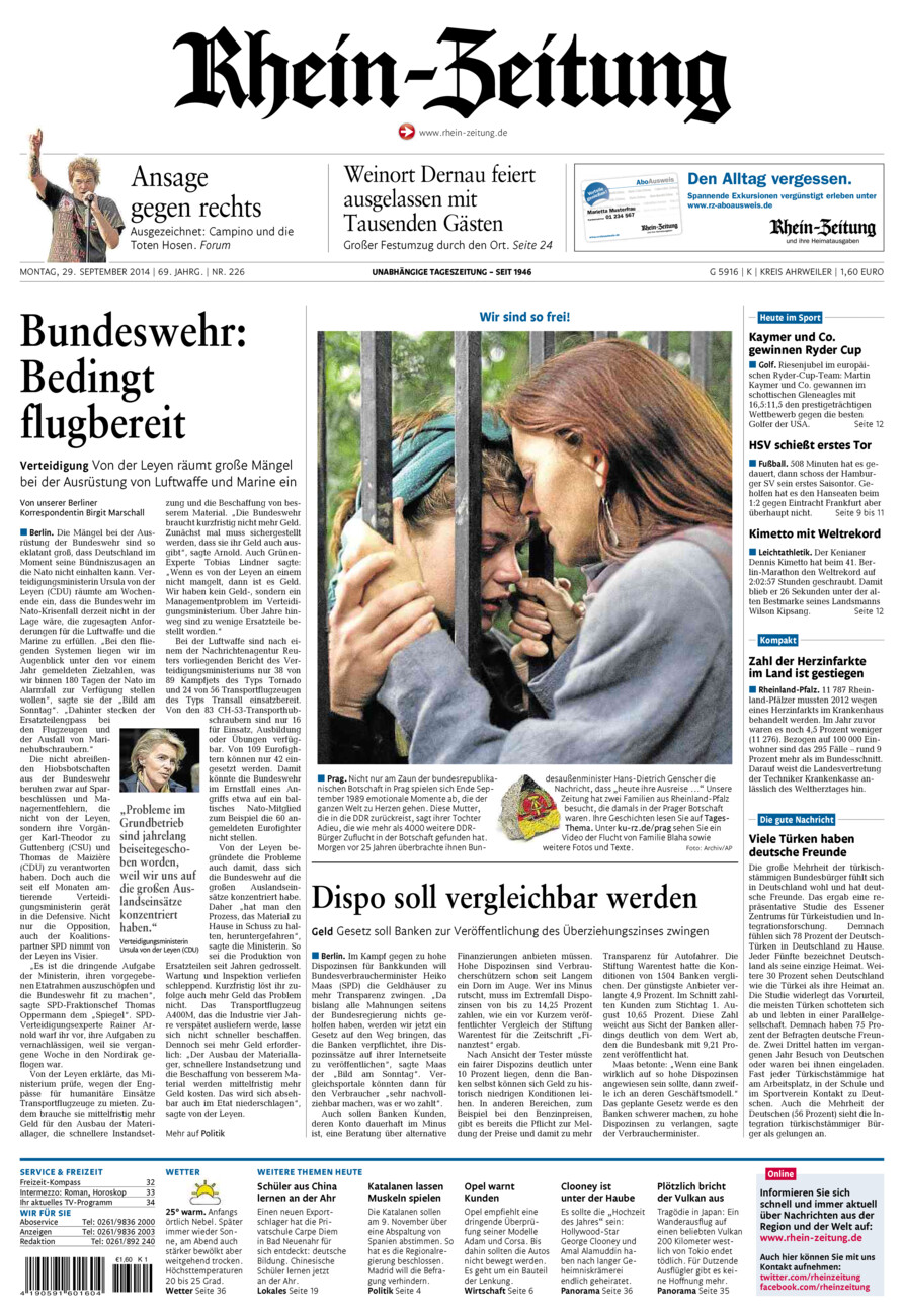 Rhein-Zeitung Kreis Ahrweiler vom Montag, 29.09.2014