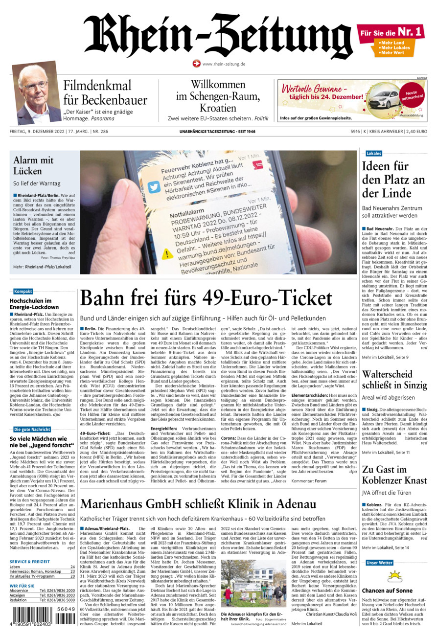 Rhein-Zeitung Kreis Ahrweiler vom Freitag, 09.12.2022