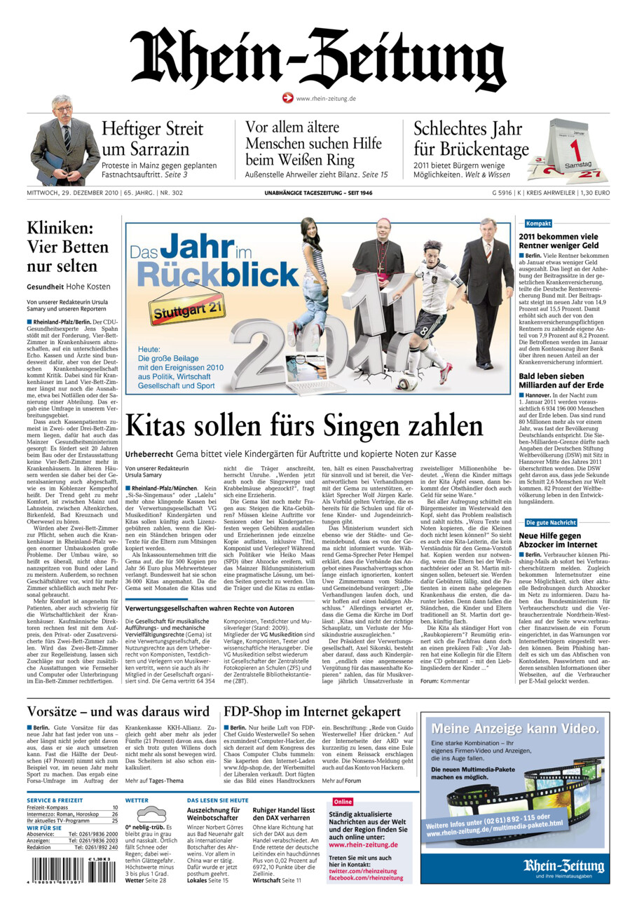 Rhein-Zeitung Kreis Ahrweiler vom Mittwoch, 29.12.2010