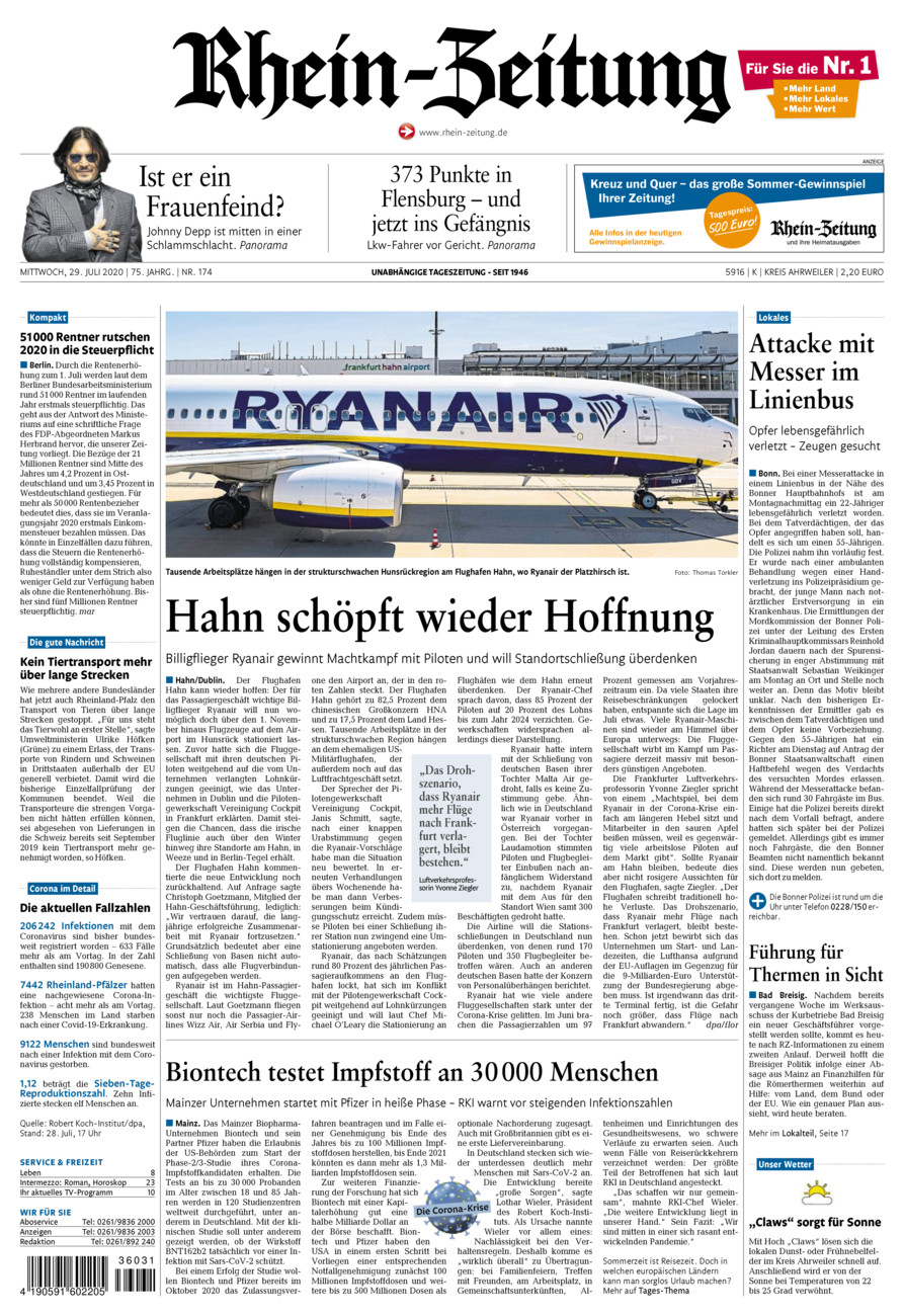 Rhein-Zeitung Kreis Ahrweiler vom Mittwoch, 29.07.2020