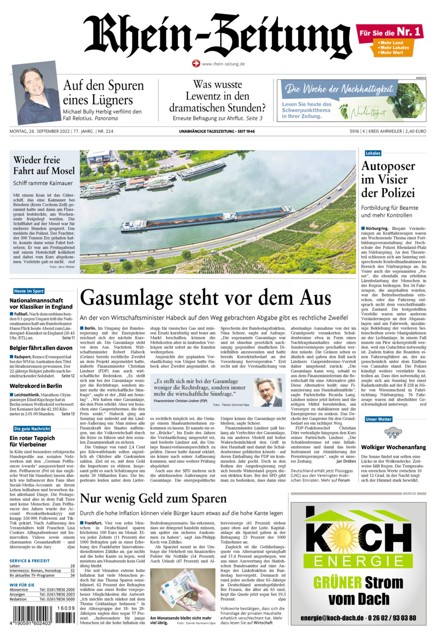 Rhein-Zeitung Kreis Ahrweiler vom Montag, 26.09.2022