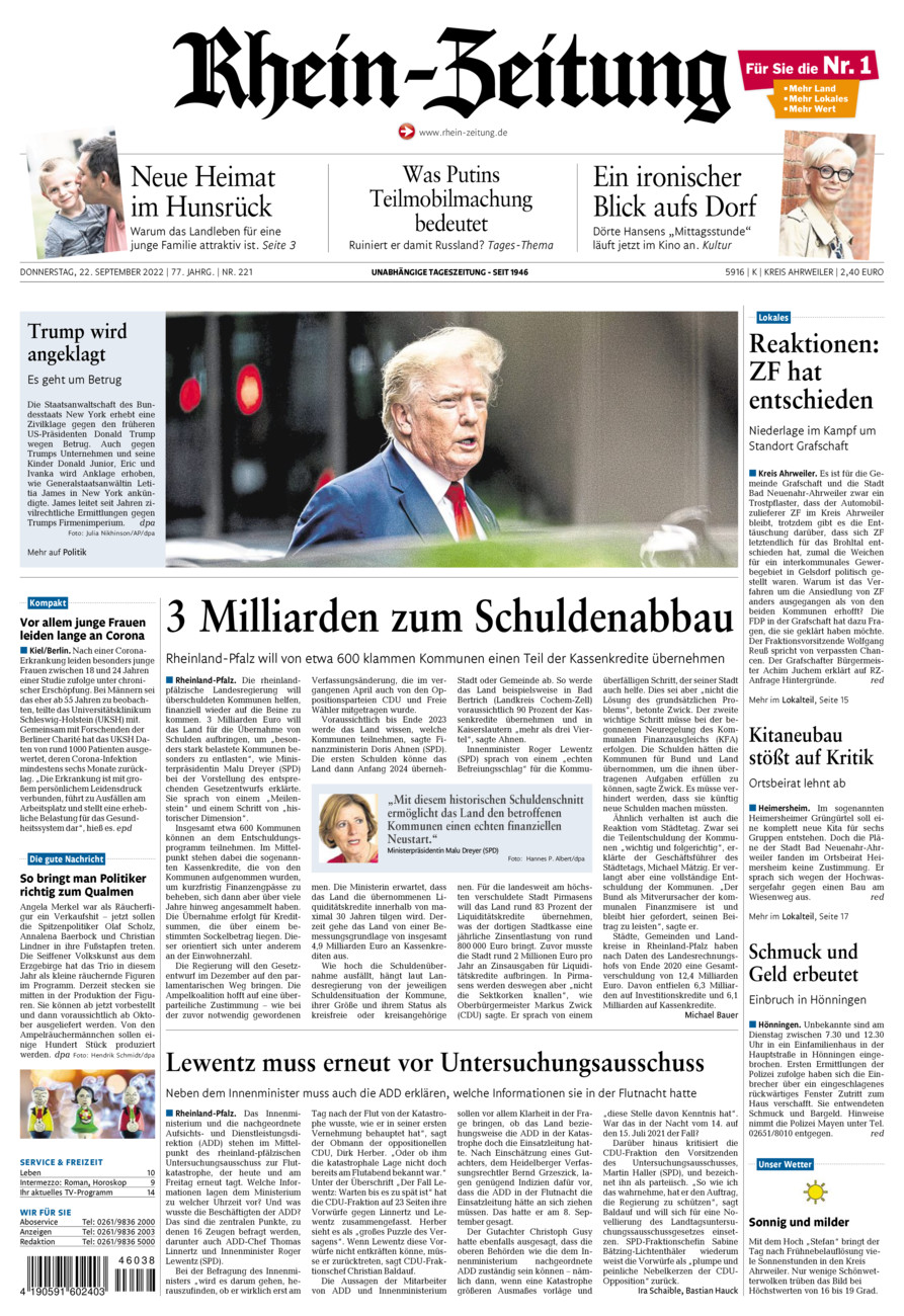 Rhein-Zeitung Kreis Ahrweiler vom Donnerstag, 22.09.2022