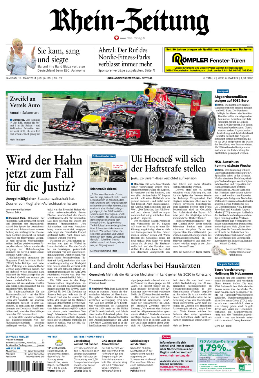 Rhein-Zeitung Kreis Ahrweiler vom Samstag, 15.03.2014