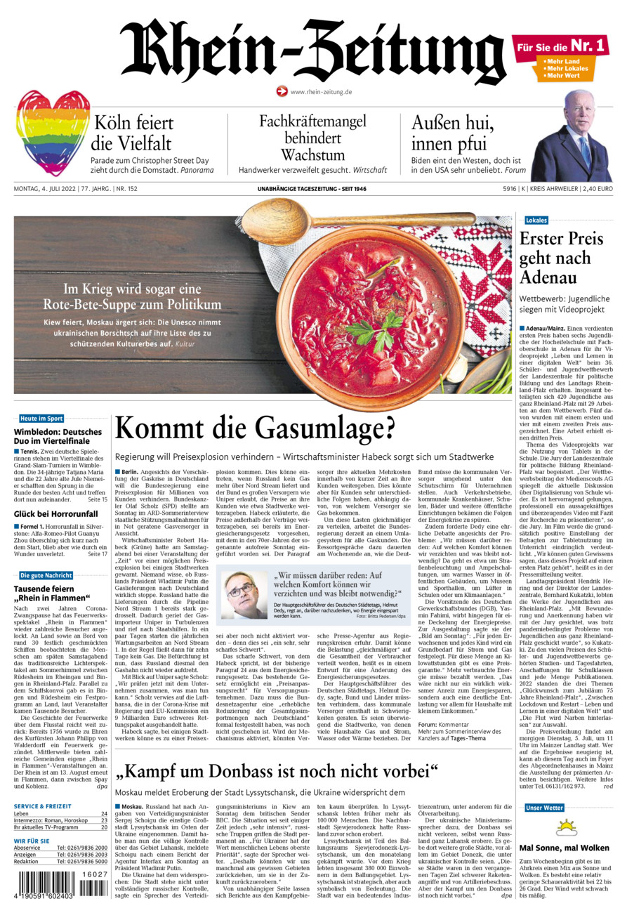 Rhein-Zeitung Kreis Ahrweiler vom Montag, 04.07.2022