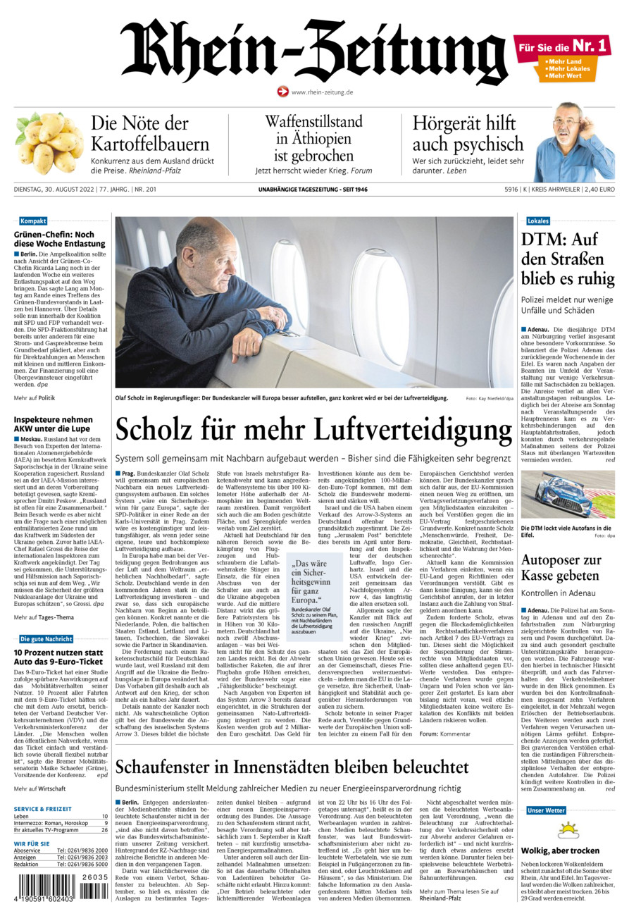 Rhein-Zeitung Kreis Ahrweiler vom Dienstag, 30.08.2022
