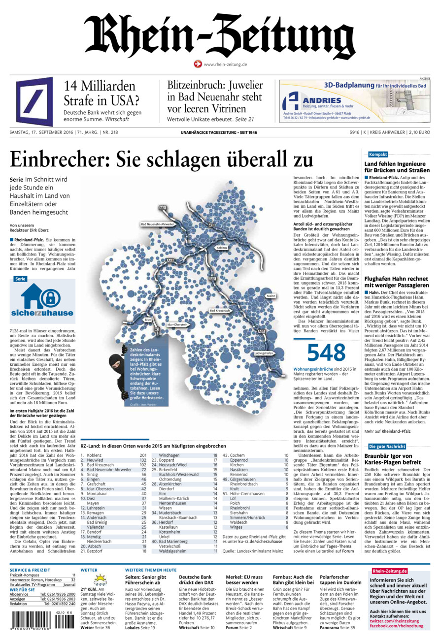 Rhein-Zeitung Kreis Ahrweiler vom Samstag, 17.09.2016
