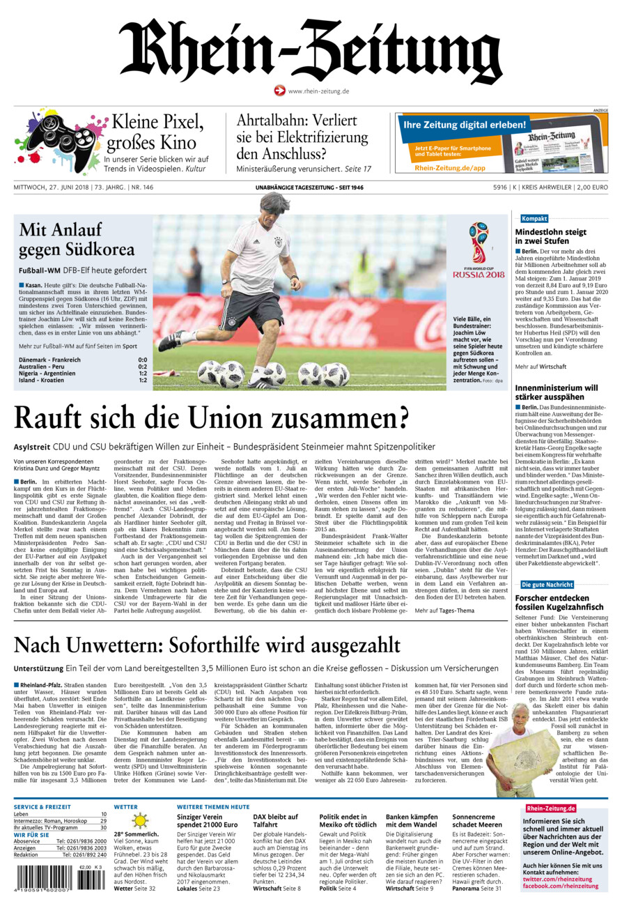 Rhein-Zeitung Kreis Ahrweiler vom Mittwoch, 27.06.2018