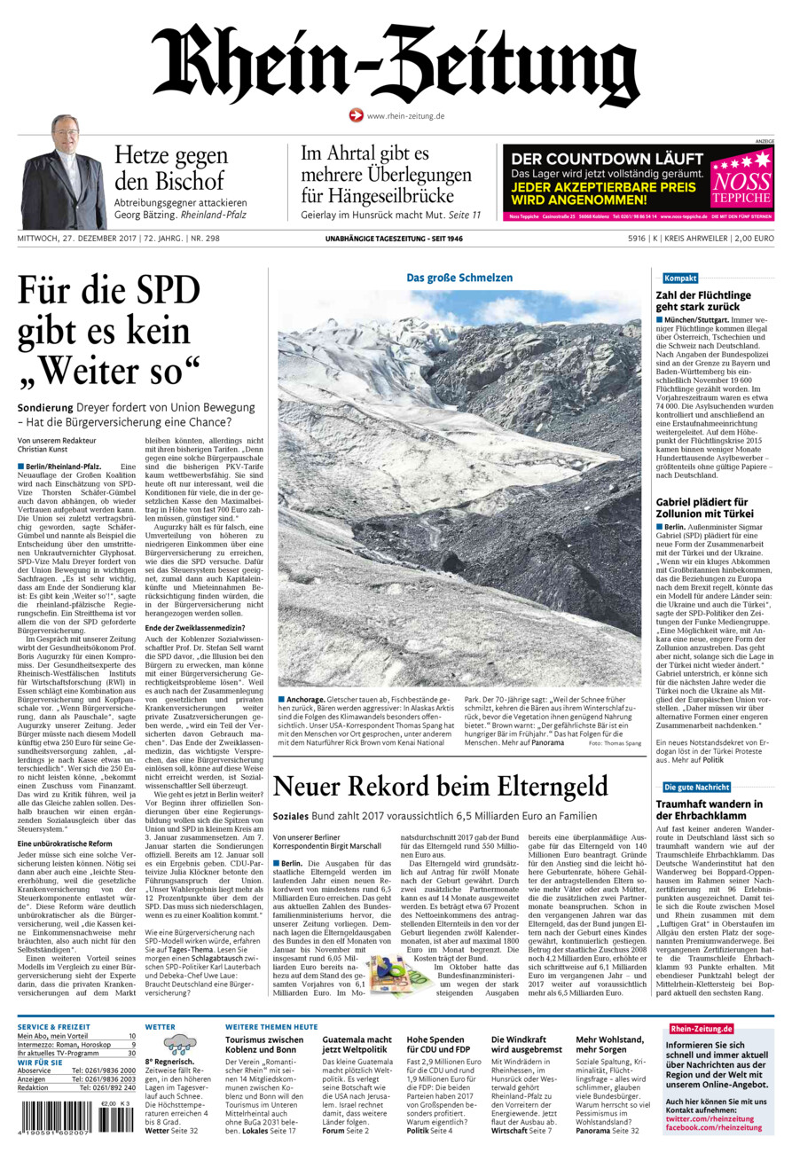 Rhein-Zeitung Kreis Ahrweiler vom Mittwoch, 27.12.2017