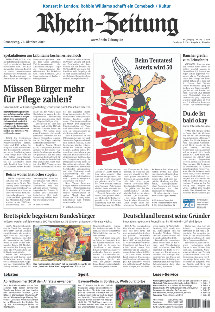 Rhein-Zeitung Kreis Ahrweiler vom Donnerstag, 22.10.2009