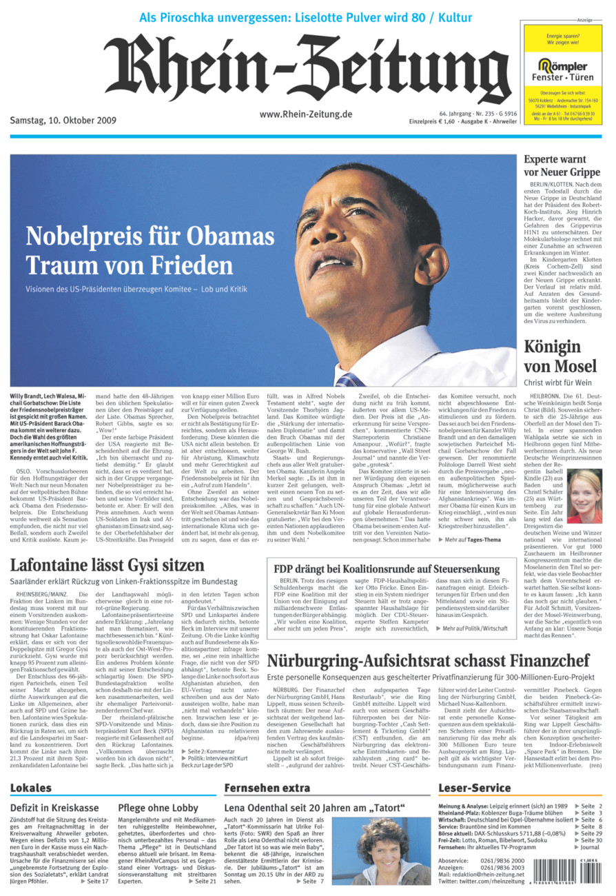 Rhein-Zeitung Kreis Ahrweiler vom Samstag, 10.10.2009