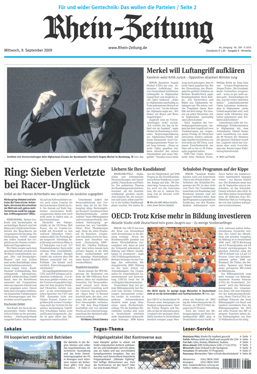 Rhein-Zeitung Kreis Ahrweiler vom Mittwoch, 09.09.2009