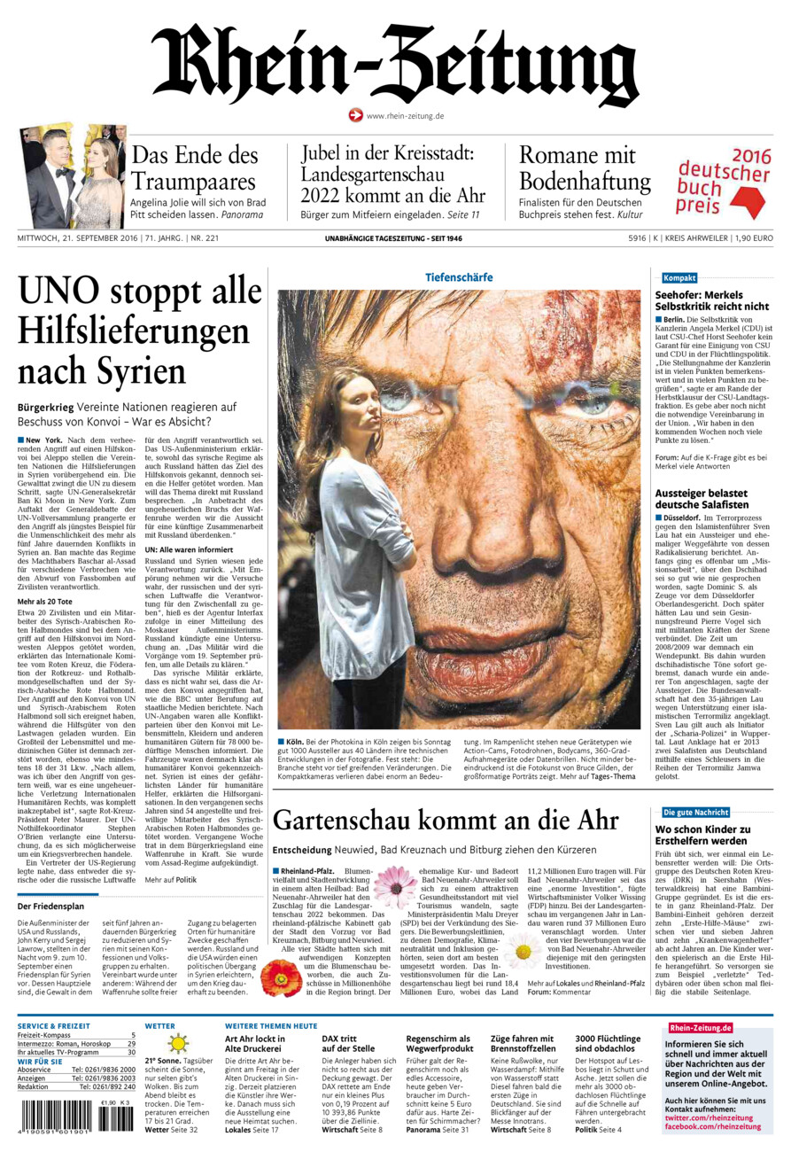 Rhein-Zeitung Kreis Ahrweiler vom Mittwoch, 21.09.2016