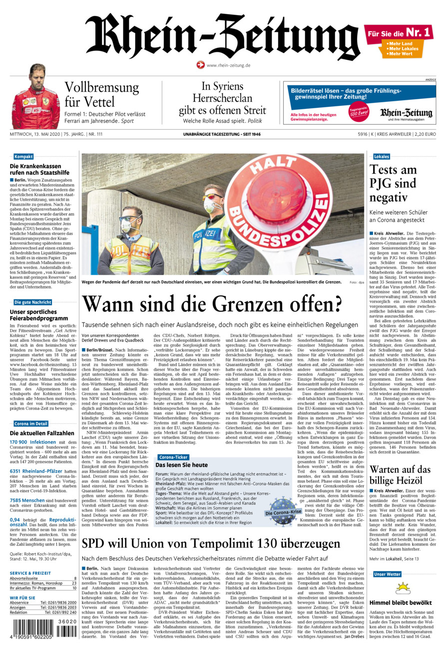 Rhein-Zeitung Kreis Ahrweiler vom Mittwoch, 13.05.2020