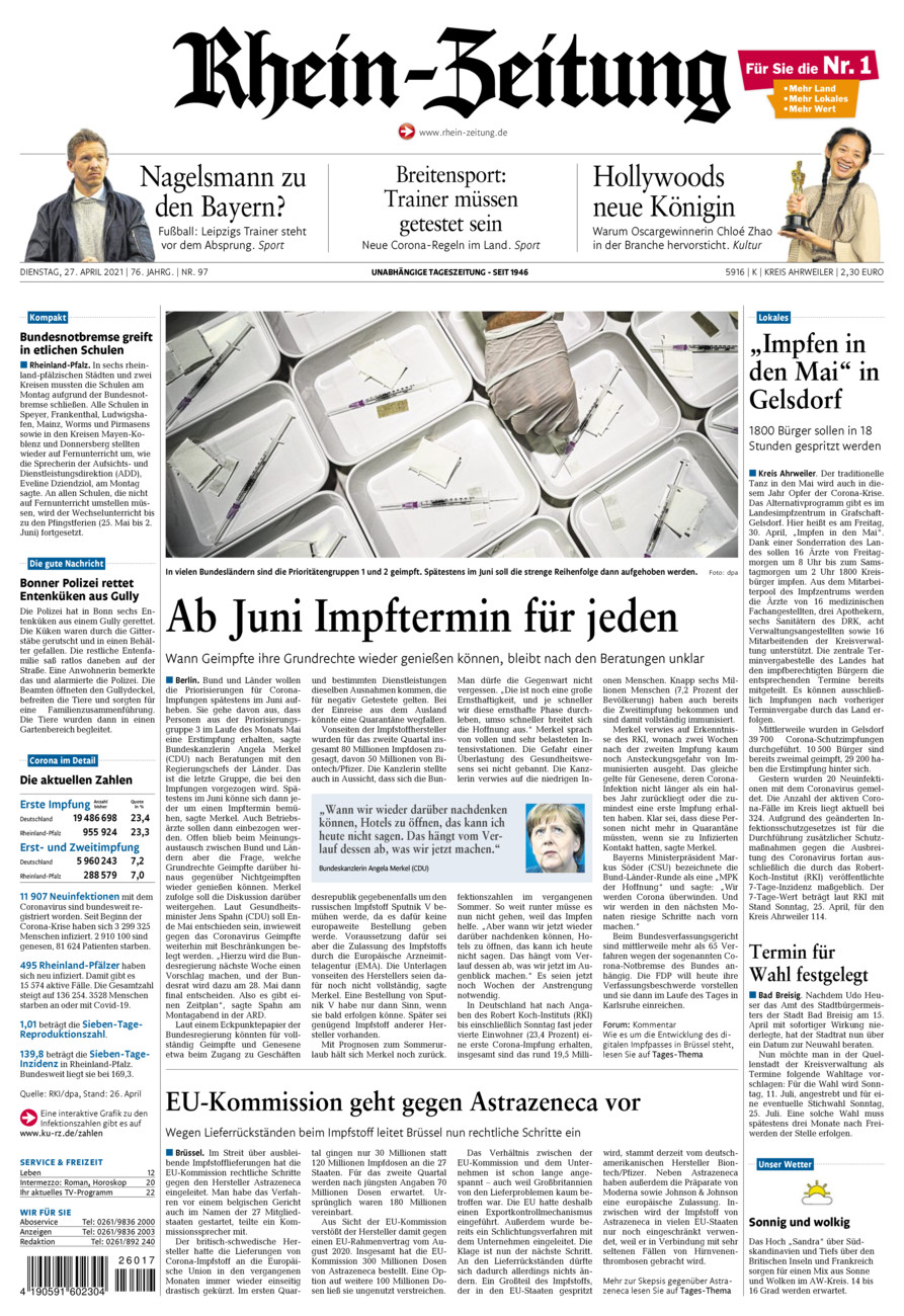 Rhein-Zeitung Kreis Ahrweiler vom Dienstag, 27.04.2021