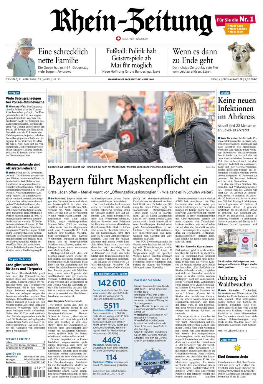 Rhein-Zeitung Kreis Ahrweiler vom Dienstag, 21.04.2020