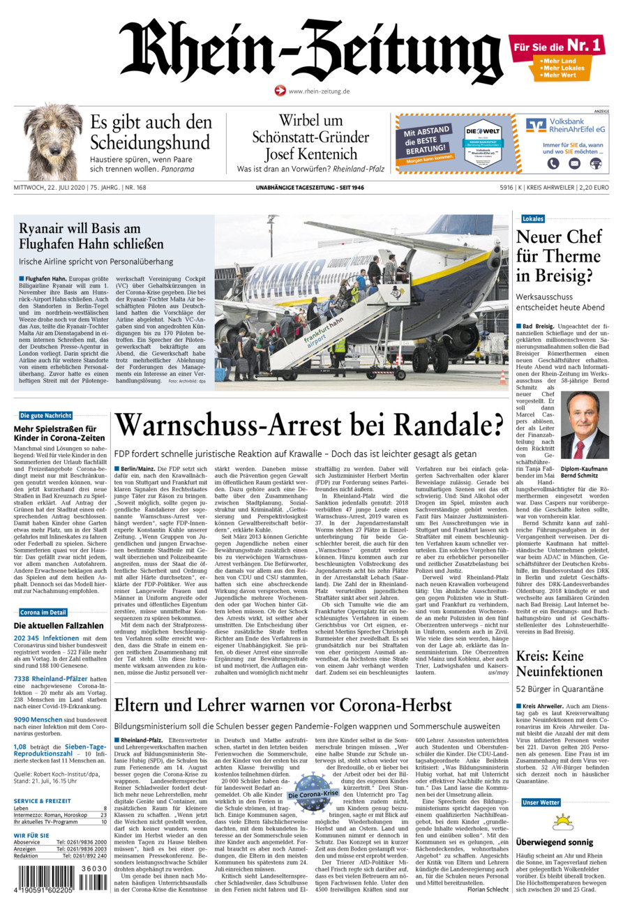 Rhein-Zeitung Kreis Ahrweiler vom Mittwoch, 22.07.2020