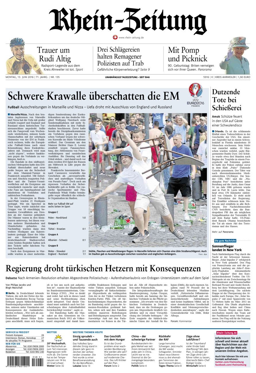 Rhein-Zeitung Kreis Ahrweiler vom Montag, 13.06.2016