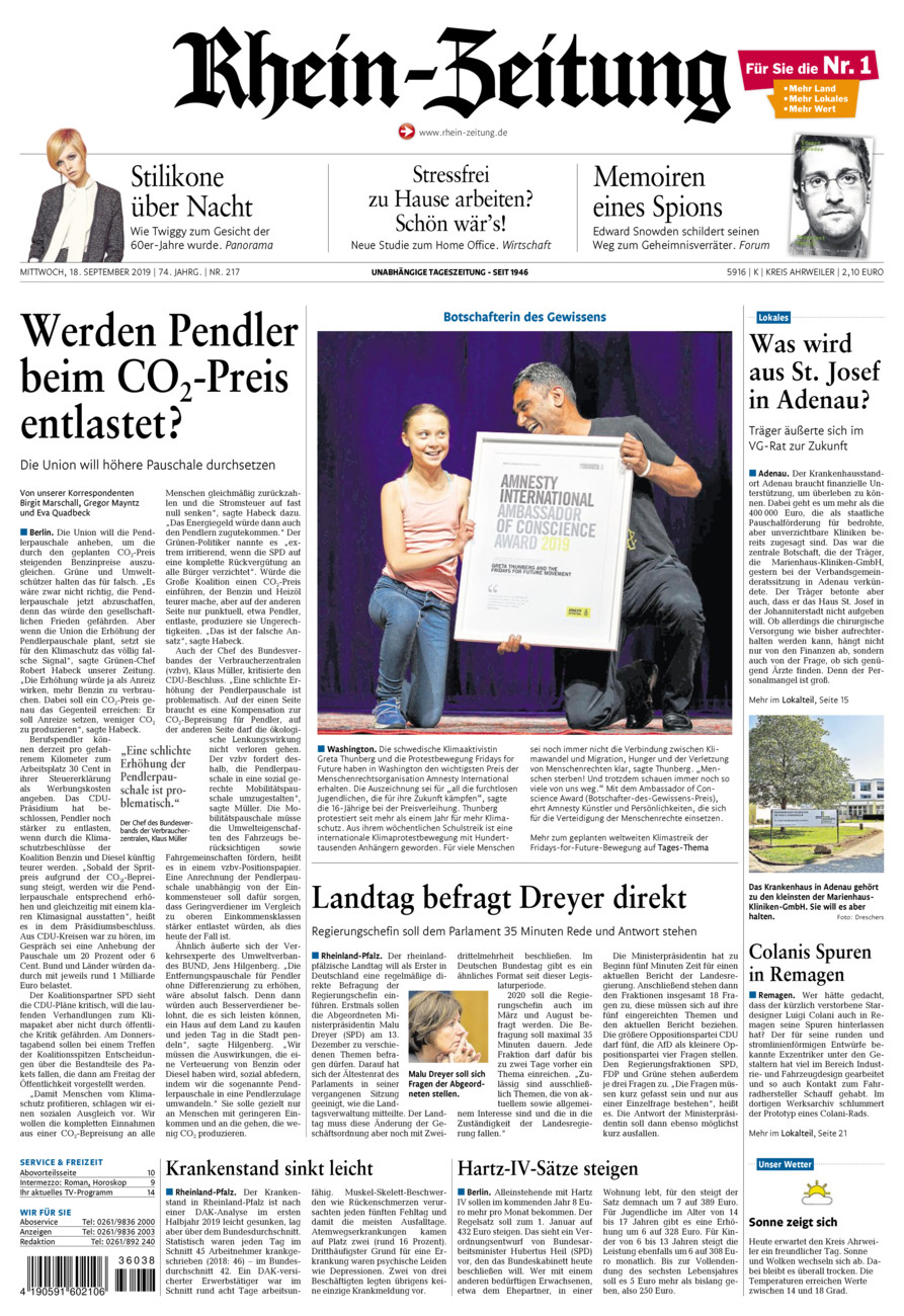 Rhein-Zeitung Kreis Ahrweiler vom Mittwoch, 18.09.2019