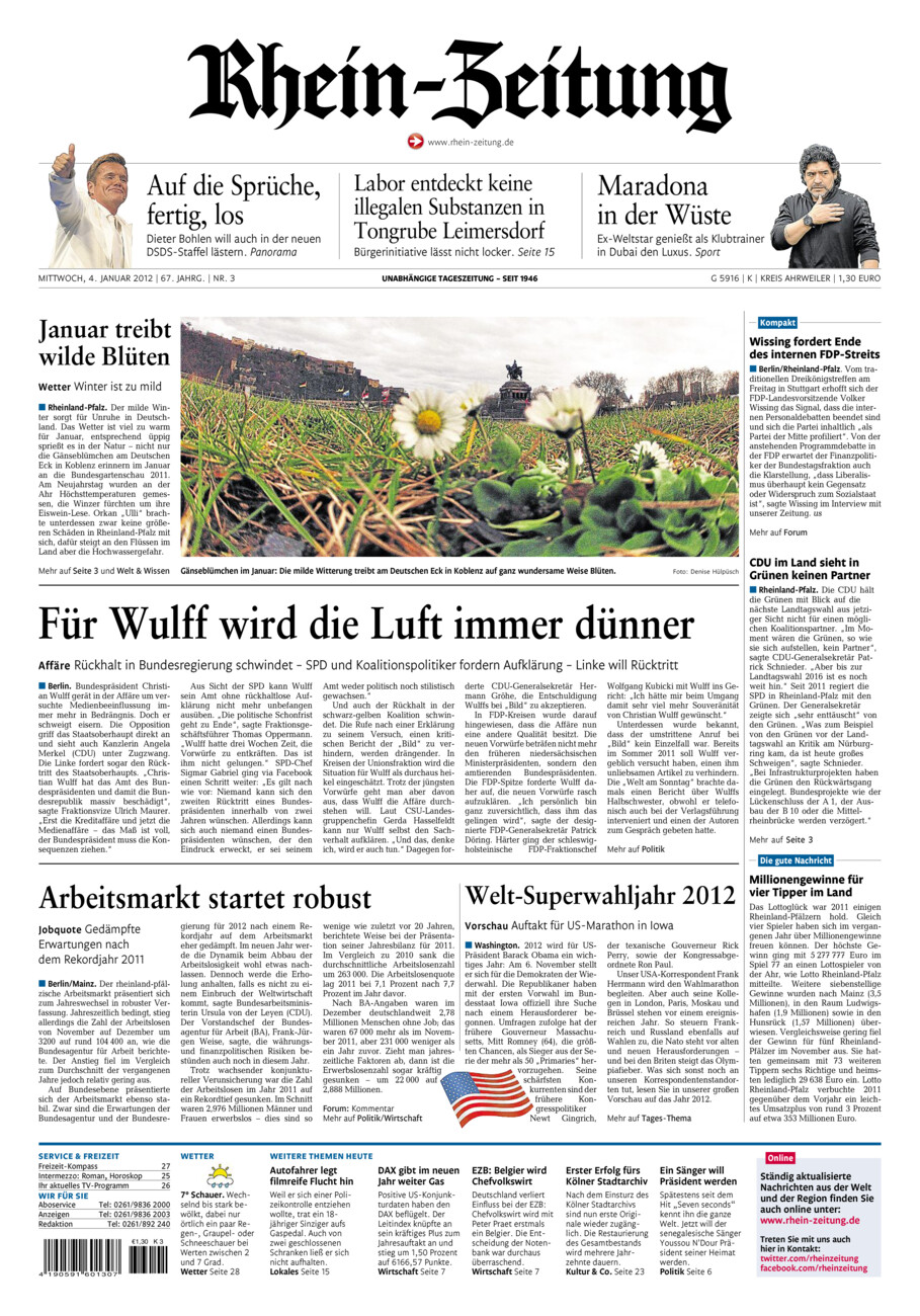 Rhein-Zeitung Kreis Ahrweiler vom Mittwoch, 04.01.2012