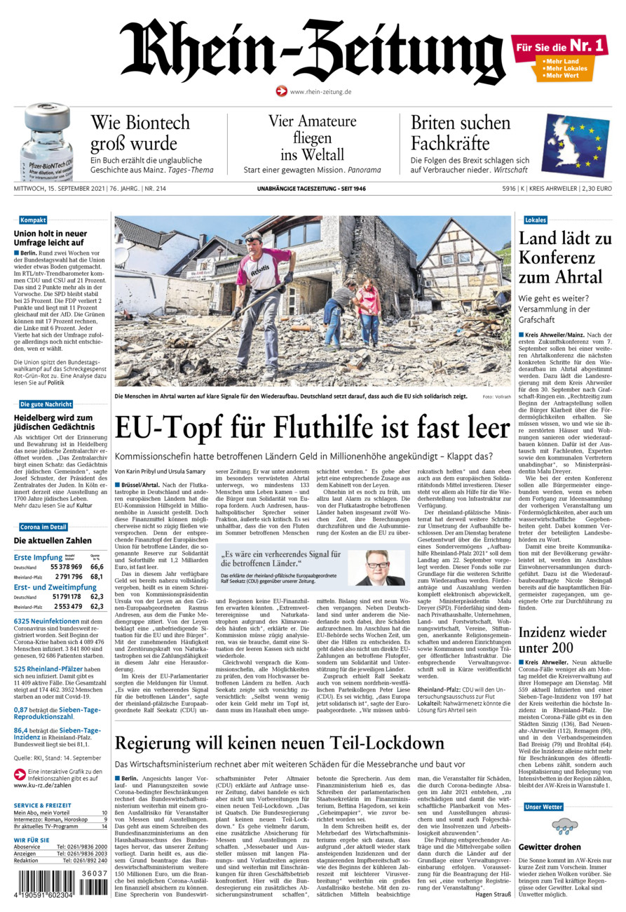 Rhein-Zeitung Kreis Ahrweiler vom Mittwoch, 15.09.2021