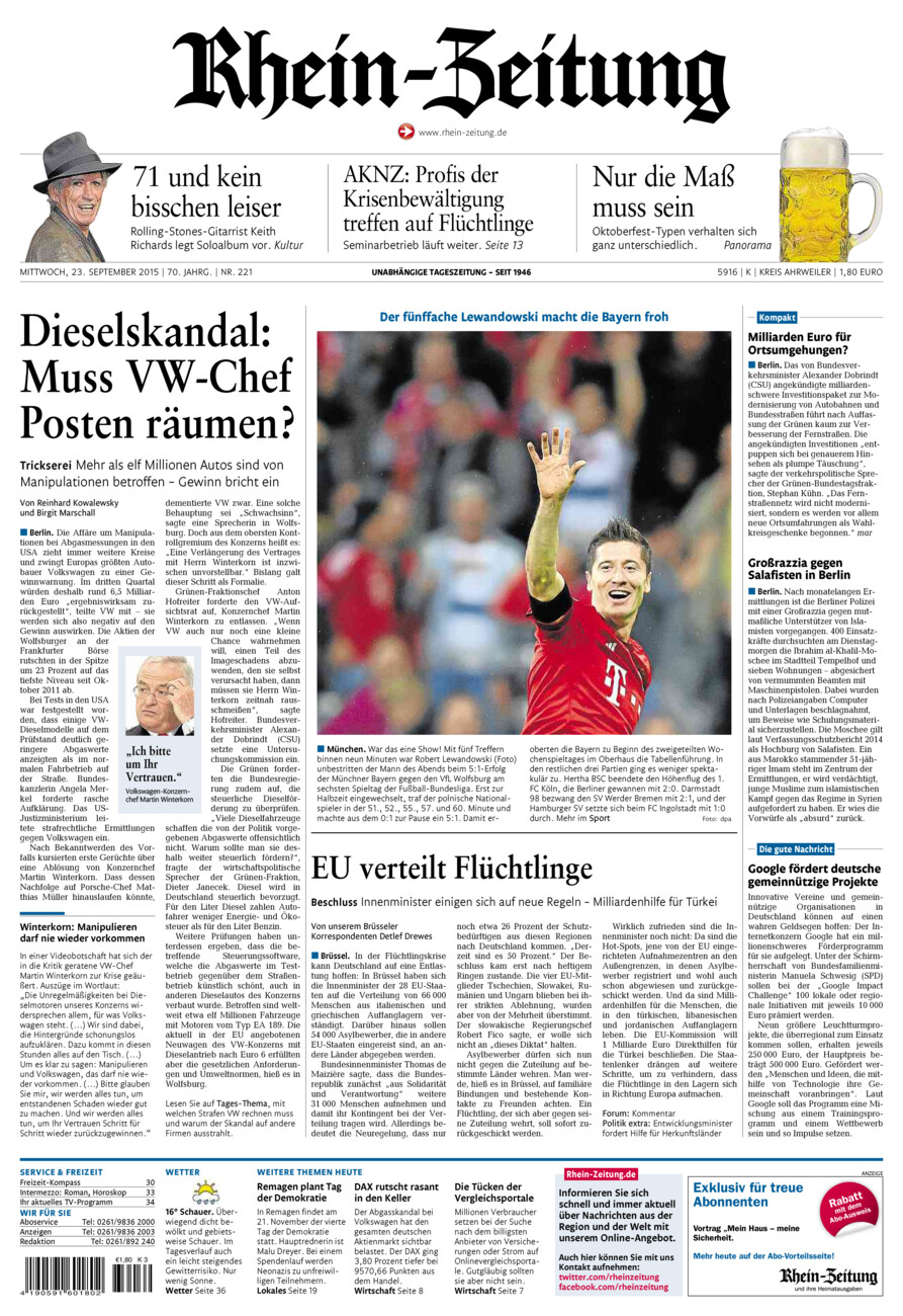 Rhein-Zeitung Kreis Ahrweiler vom Mittwoch, 23.09.2015