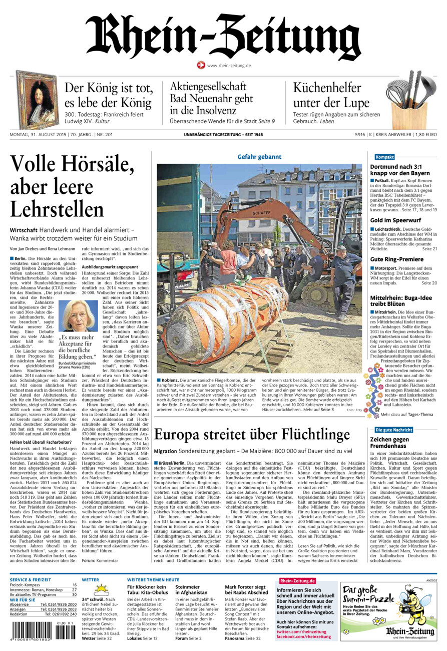 Rhein-Zeitung Kreis Ahrweiler vom Montag, 31.08.2015