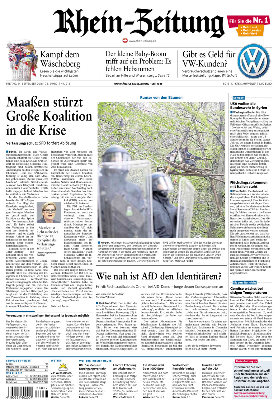 Rhein-Zeitung Kreis Ahrweiler vom Freitag, 14.09.2018