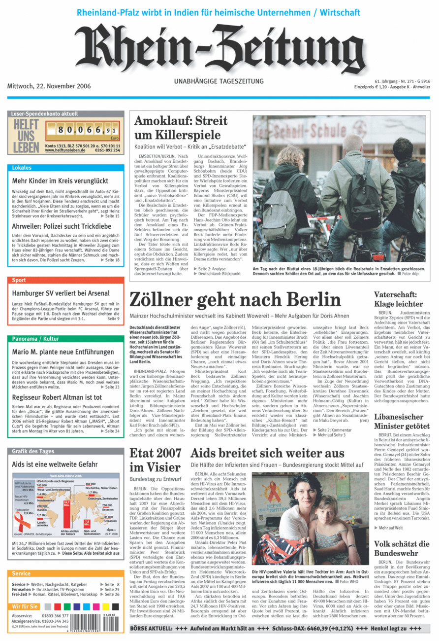 Rhein-Zeitung Kreis Ahrweiler vom Mittwoch, 22.11.2006