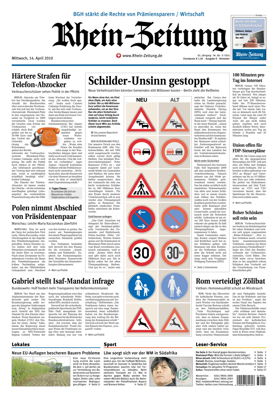 Rhein-Zeitung Kreis Ahrweiler vom Mittwoch, 14.04.2010