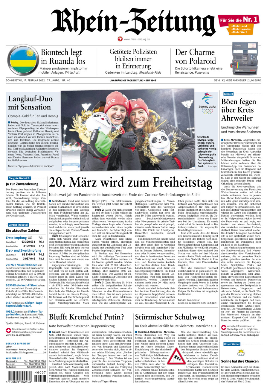 Rhein-Zeitung Kreis Ahrweiler vom Donnerstag, 17.02.2022