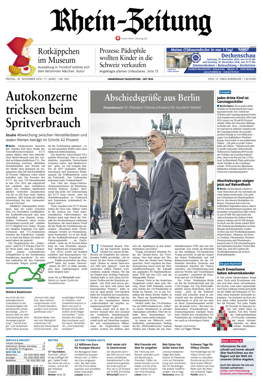 Rhein-Zeitung Kreis Ahrweiler vom Freitag, 18.11.2016