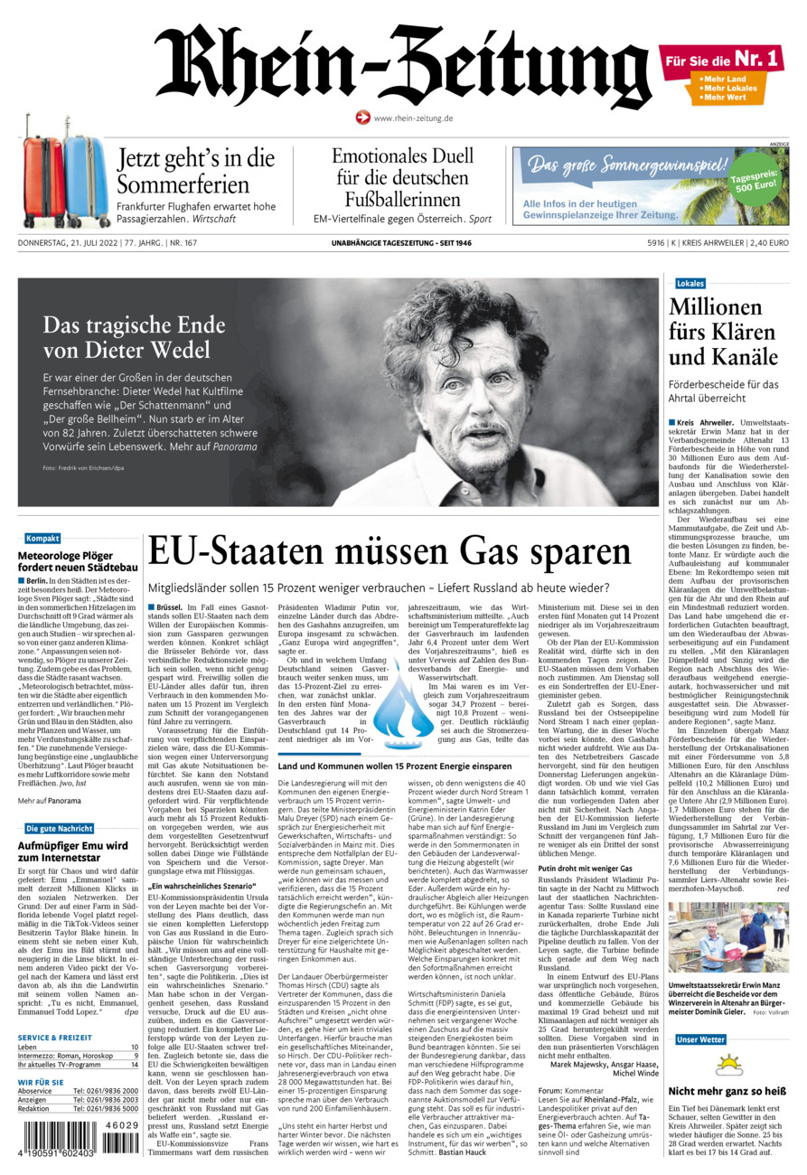 Rhein-Zeitung Kreis Ahrweiler vom Donnerstag, 21.07.2022