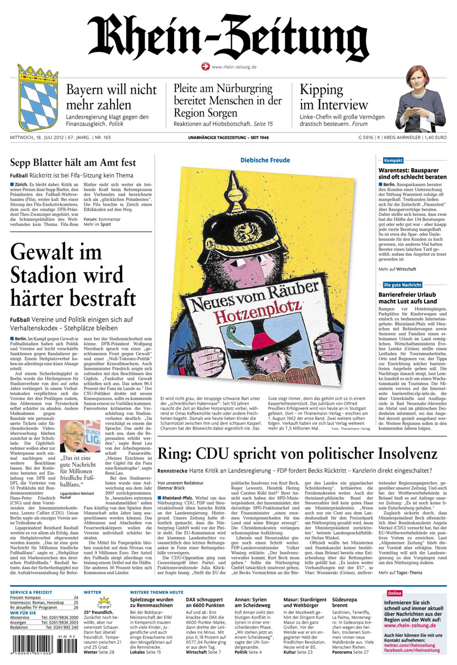 Rhein-Zeitung Kreis Ahrweiler vom Mittwoch, 18.07.2012