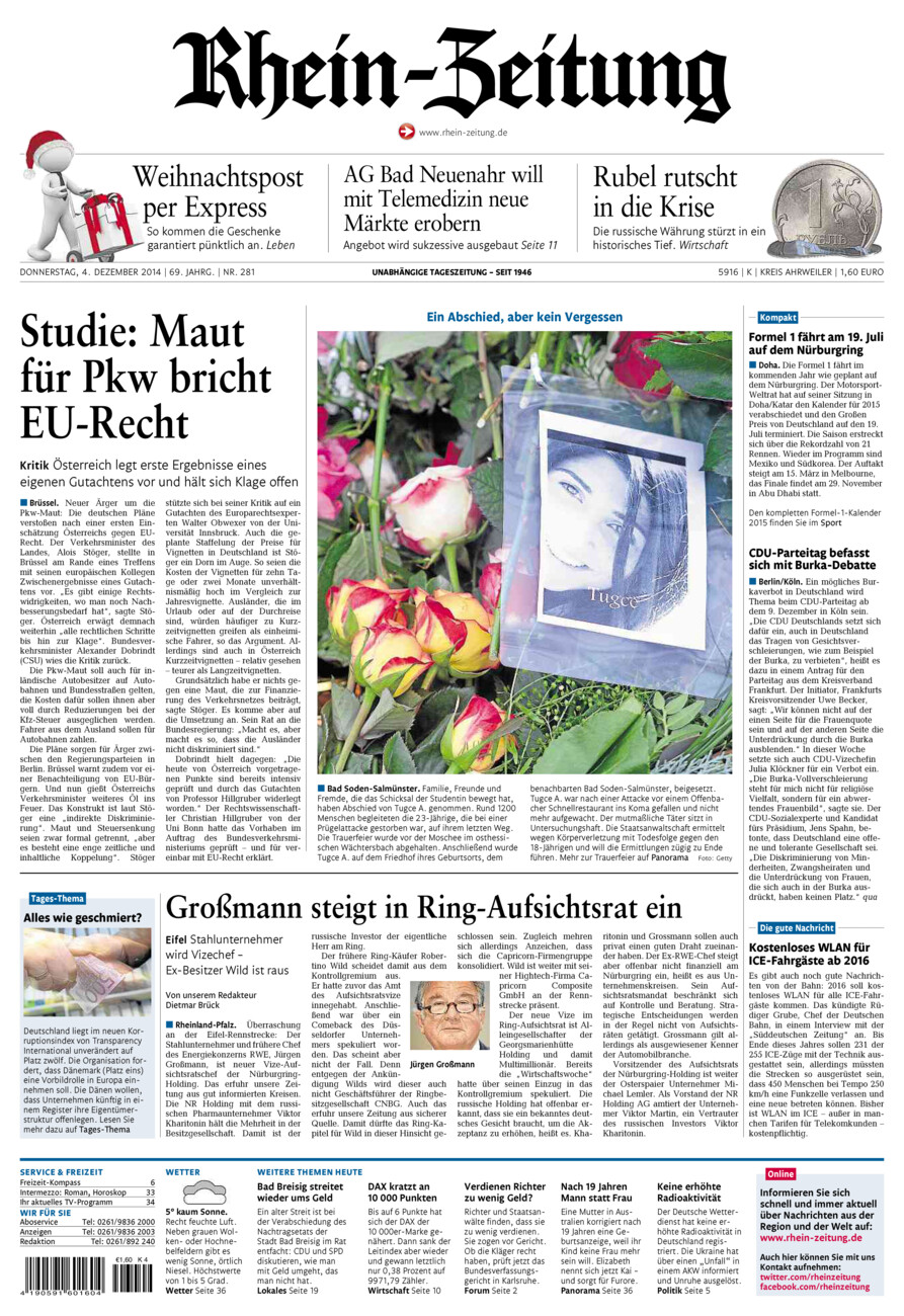 Rhein-Zeitung Kreis Ahrweiler vom Donnerstag, 04.12.2014