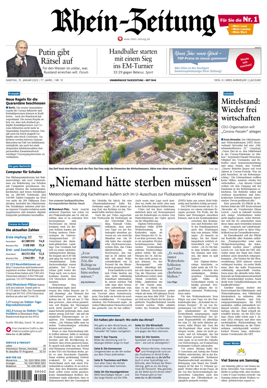 Rhein-Zeitung Kreis Ahrweiler vom Samstag, 15.01.2022