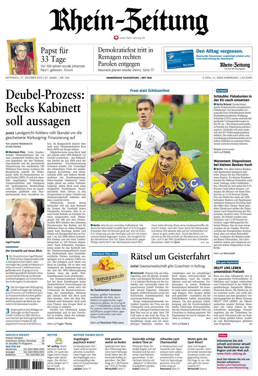 Rhein-Zeitung Kreis Ahrweiler vom Mittwoch, 17.10.2012