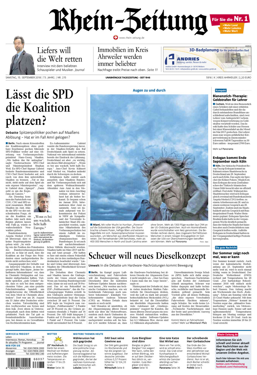 Rhein-Zeitung Kreis Ahrweiler vom Samstag, 15.09.2018