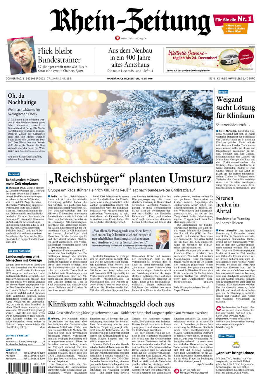 Rhein-Zeitung Kreis Ahrweiler vom Donnerstag, 08.12.2022