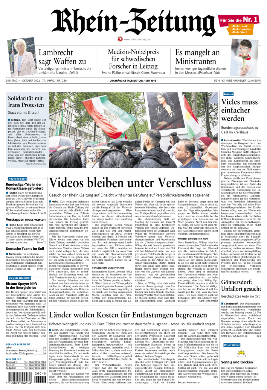 Rhein-Zeitung Kreis Ahrweiler vom Dienstag, 04.10.2022
