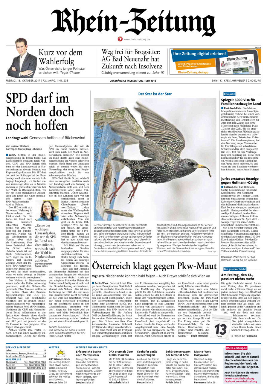 Rhein-Zeitung Kreis Ahrweiler vom Freitag, 13.10.2017