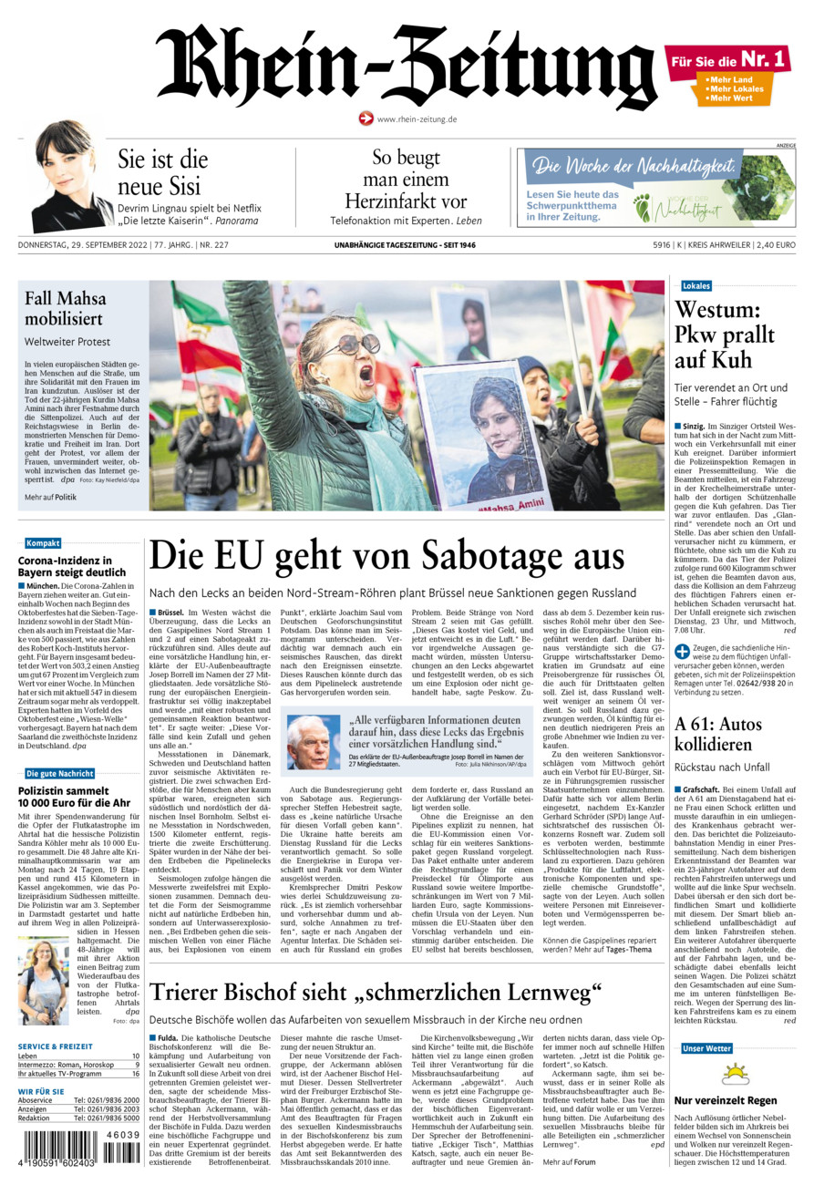 Rhein-Zeitung Kreis Ahrweiler vom Donnerstag, 29.09.2022