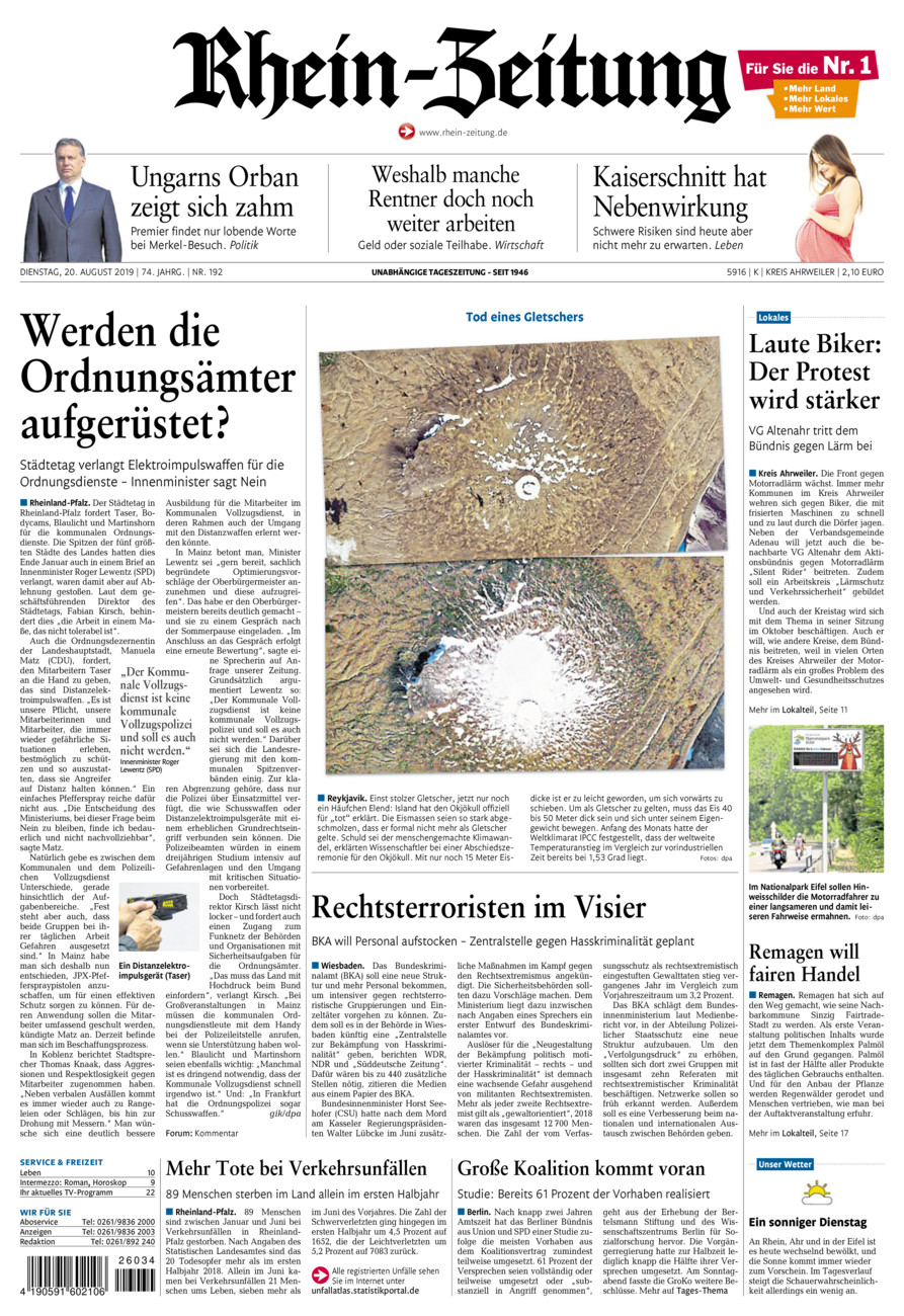 Rhein-Zeitung Kreis Ahrweiler vom Dienstag, 20.08.2019